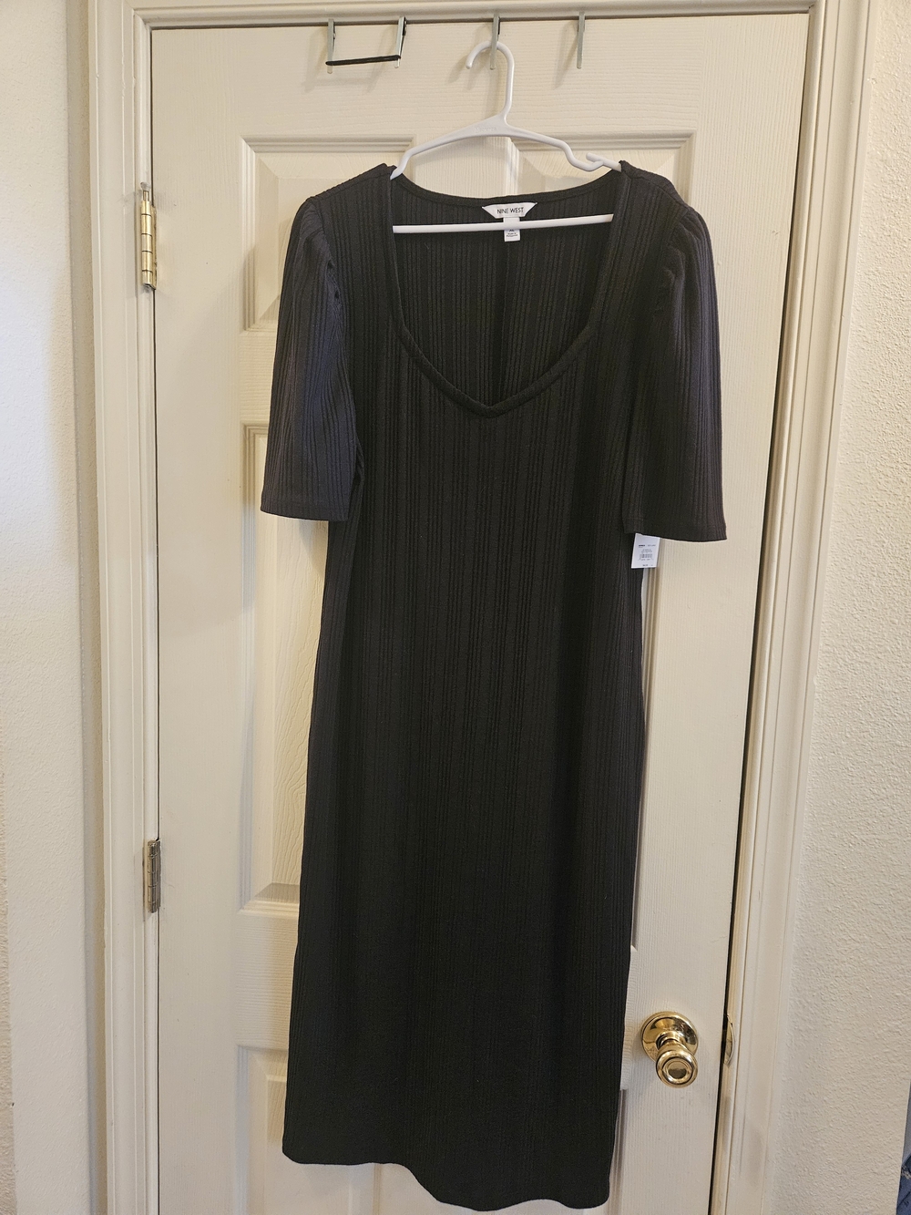 Nine West Black Ribbed Midi Dress XL Puff Sleeve V Neck NWT